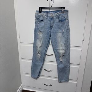 Original Use Light Blue Distressed Slim Straight Jeans